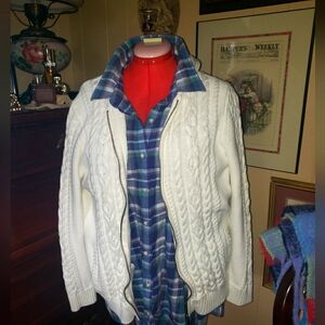 White Cable Knit Sweater with Plaid Shirt